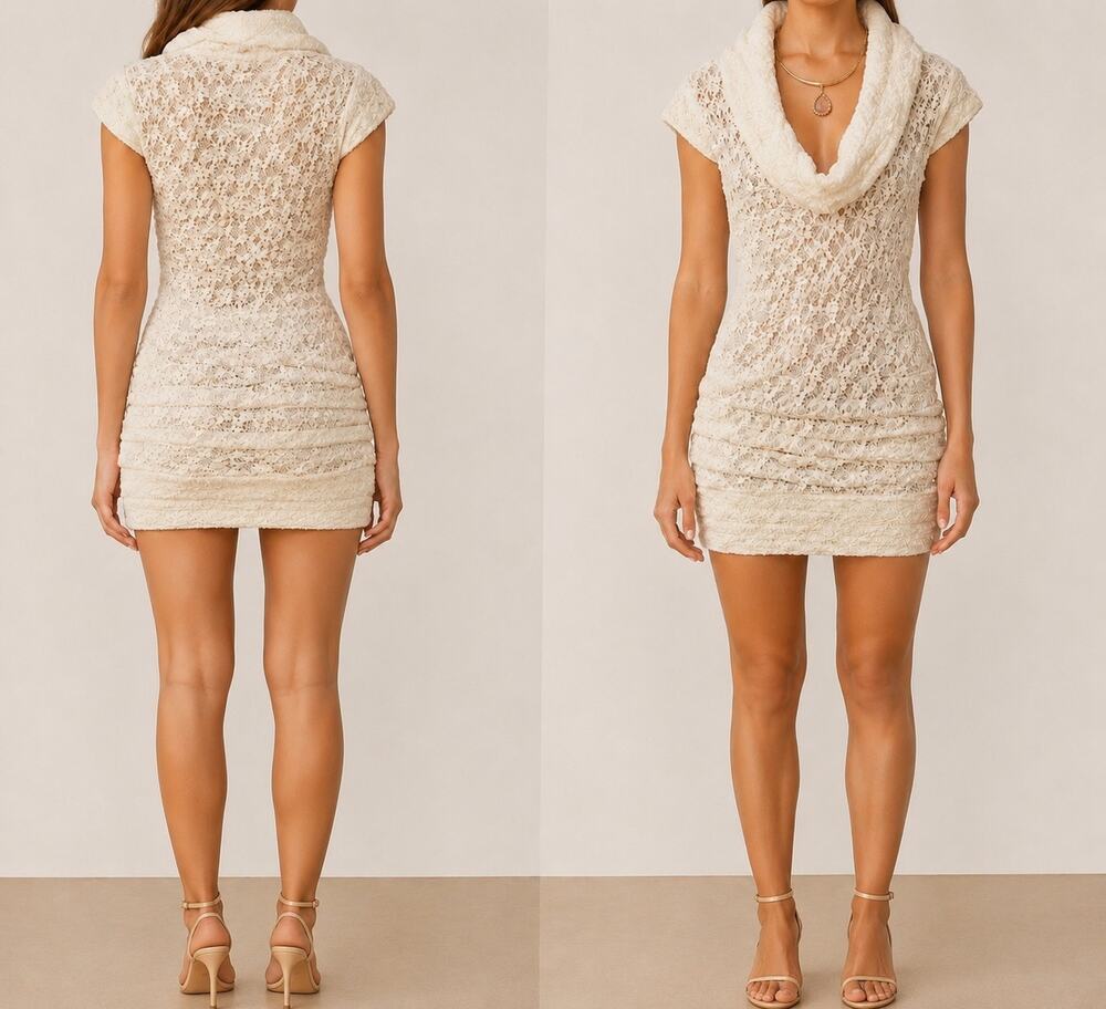 Cache Cream Stretch Lace Pucker Body Hugging Top Tunic New Dress $98 NWT Sz L